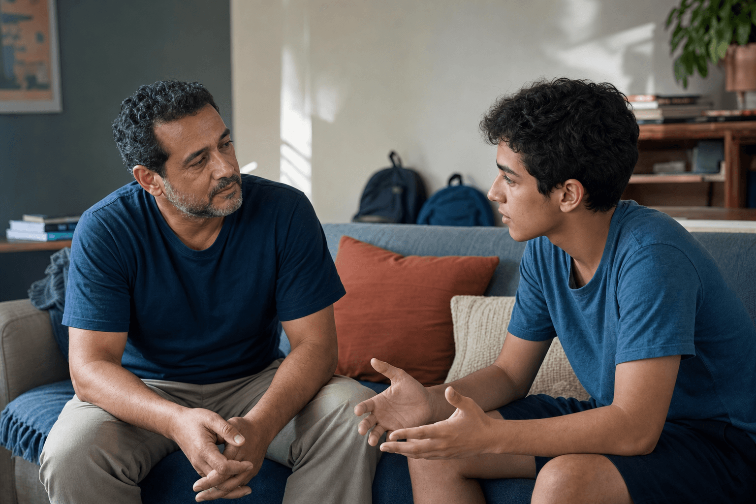 Pai escutando com atenção enquanto o filho adolescente conversa
